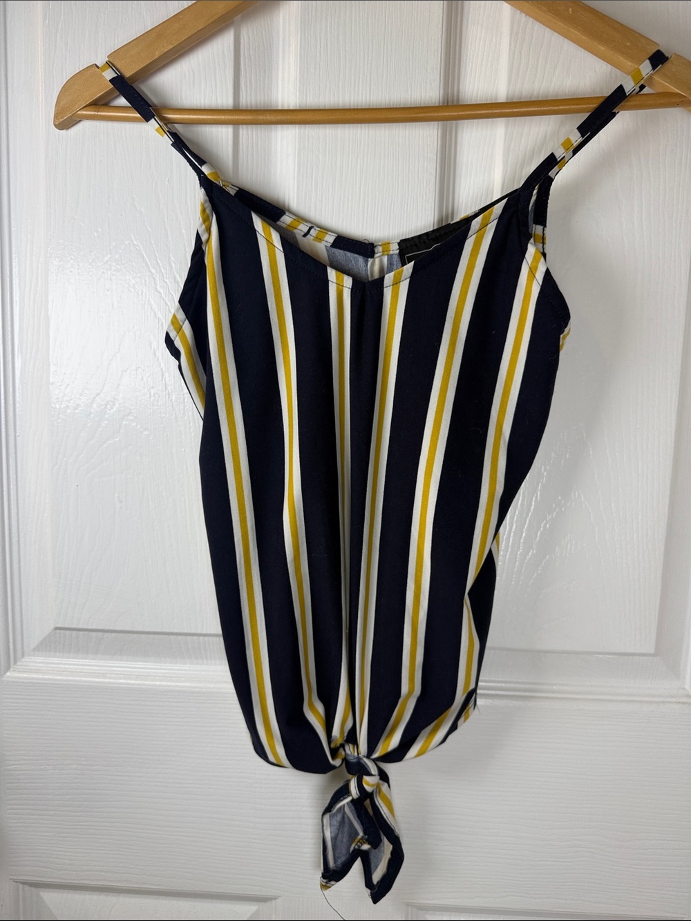 Polly & Esther Navy, White & Yellow Striped Tie-Front Cami